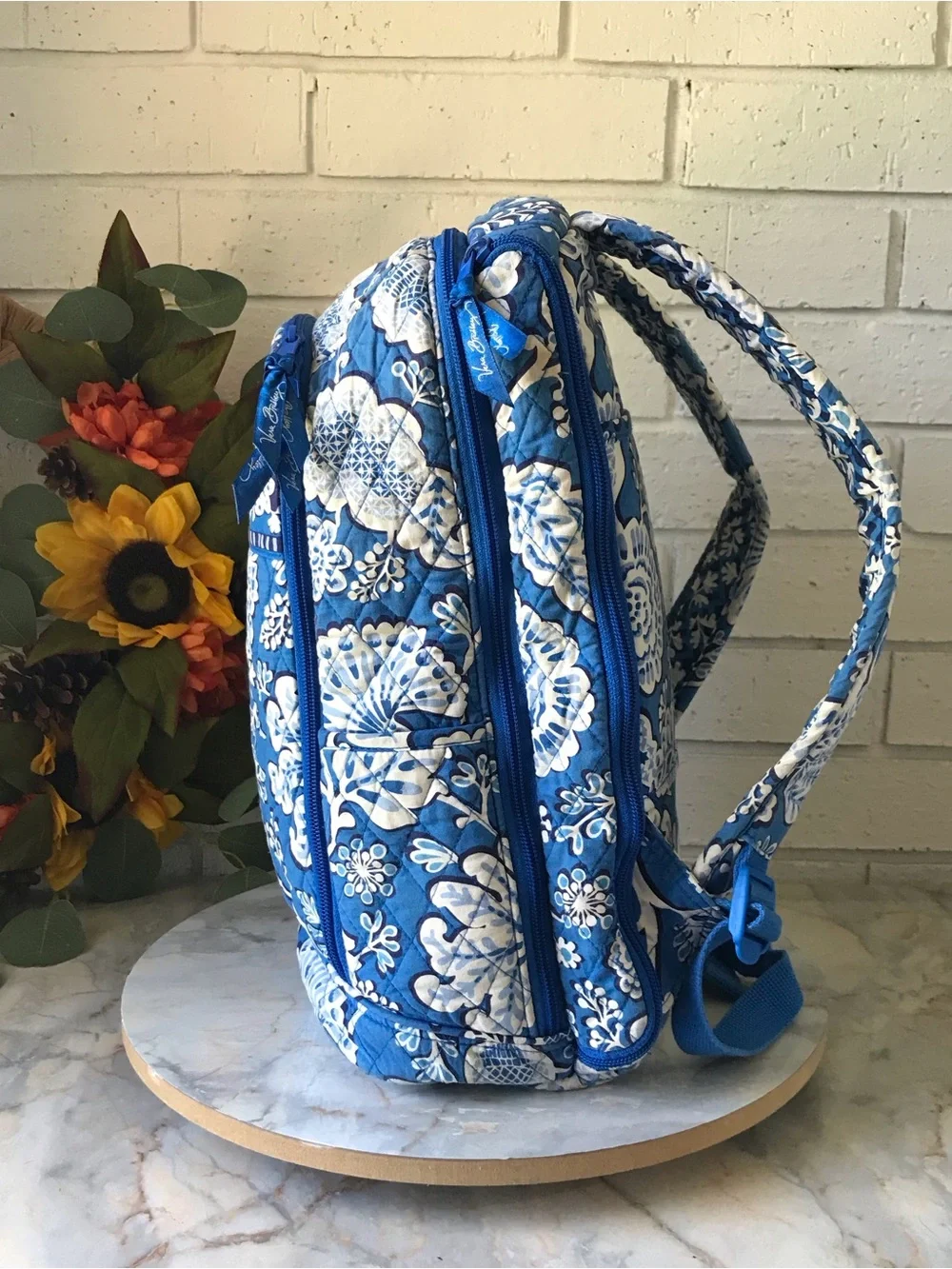Vera Bradley Blue Lagoon Backpack Padded Laptop Quilted Floral Tote